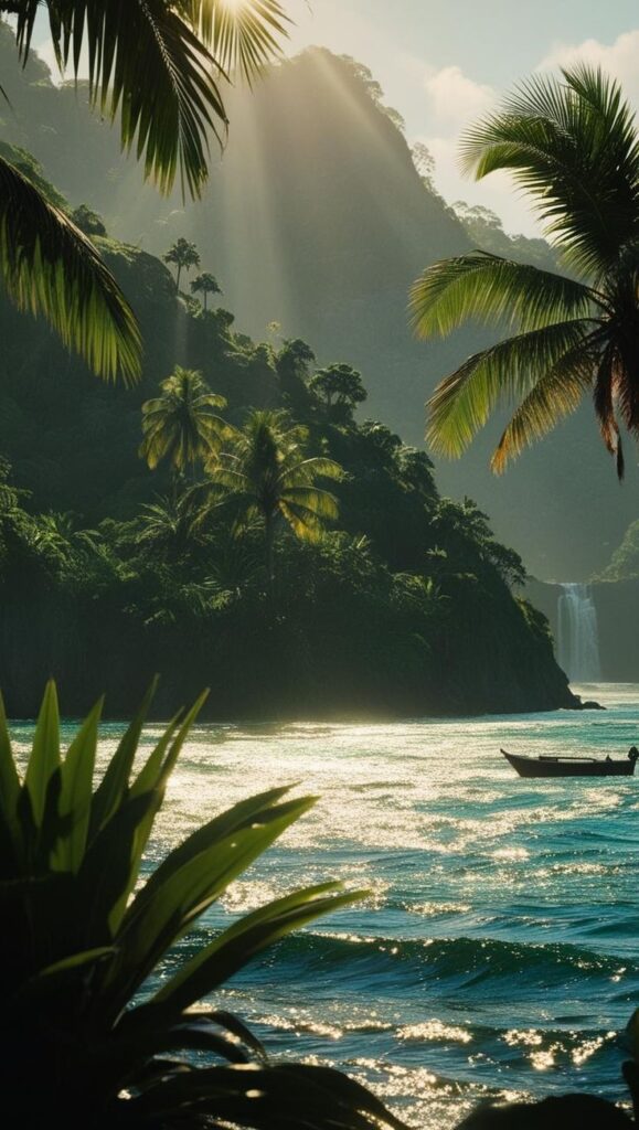 Tropical paradise with palm trees, a boat on shimmering waters, and a waterfall in the background under sunrays.