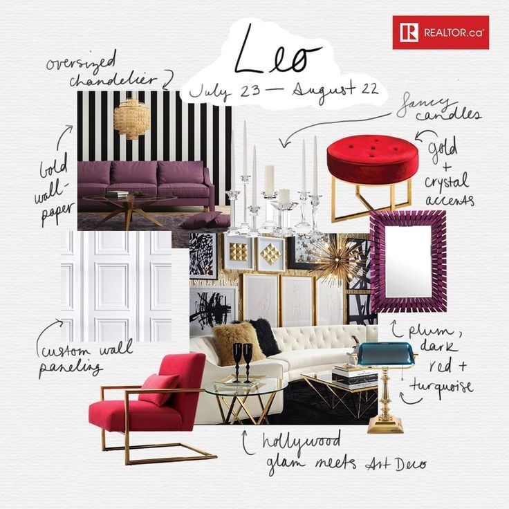 Leo-inspired interior design mood board with bold colors, gold accents, art deco style, and luxurious furnishings.