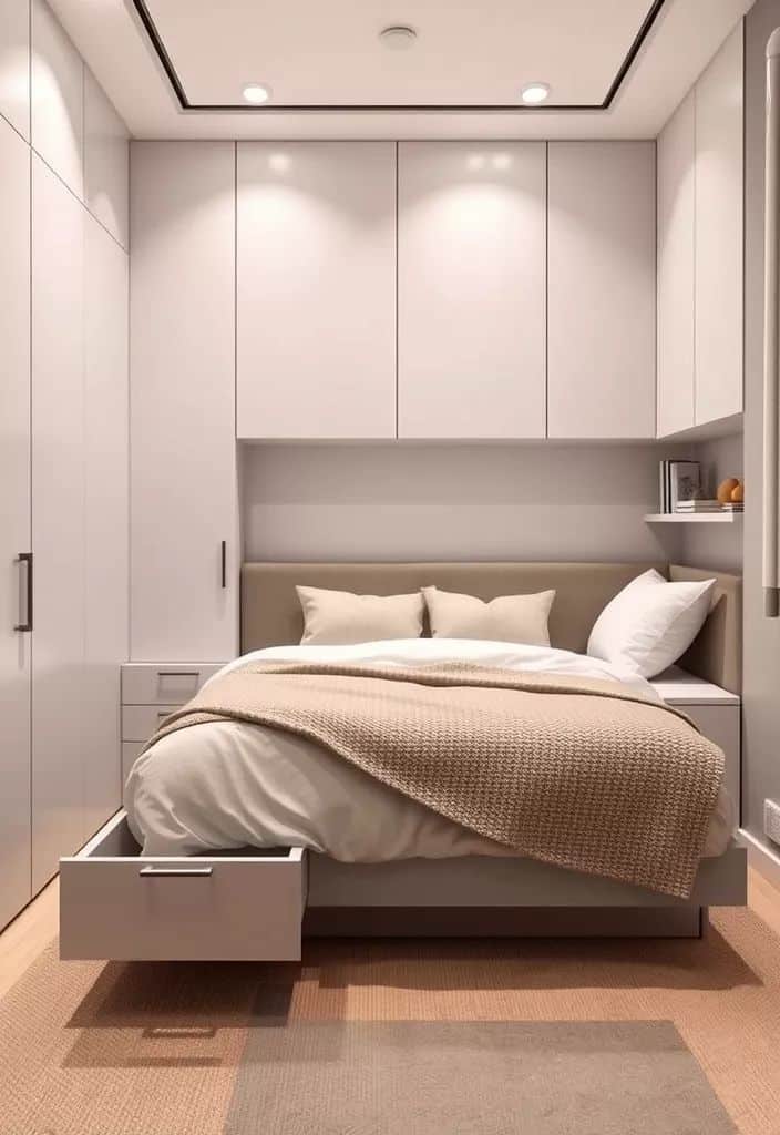 Modern bedroom with built-in cabinets, cozy bedding, and under-bed storage drawer, illuminated by recessed ceiling lights.