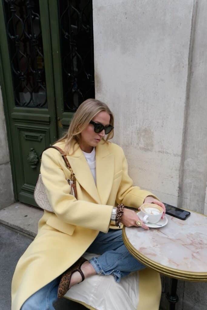Fashionable woman in yellow coat sits at a cafe table, enjoying coffee and wearing sunglasses.