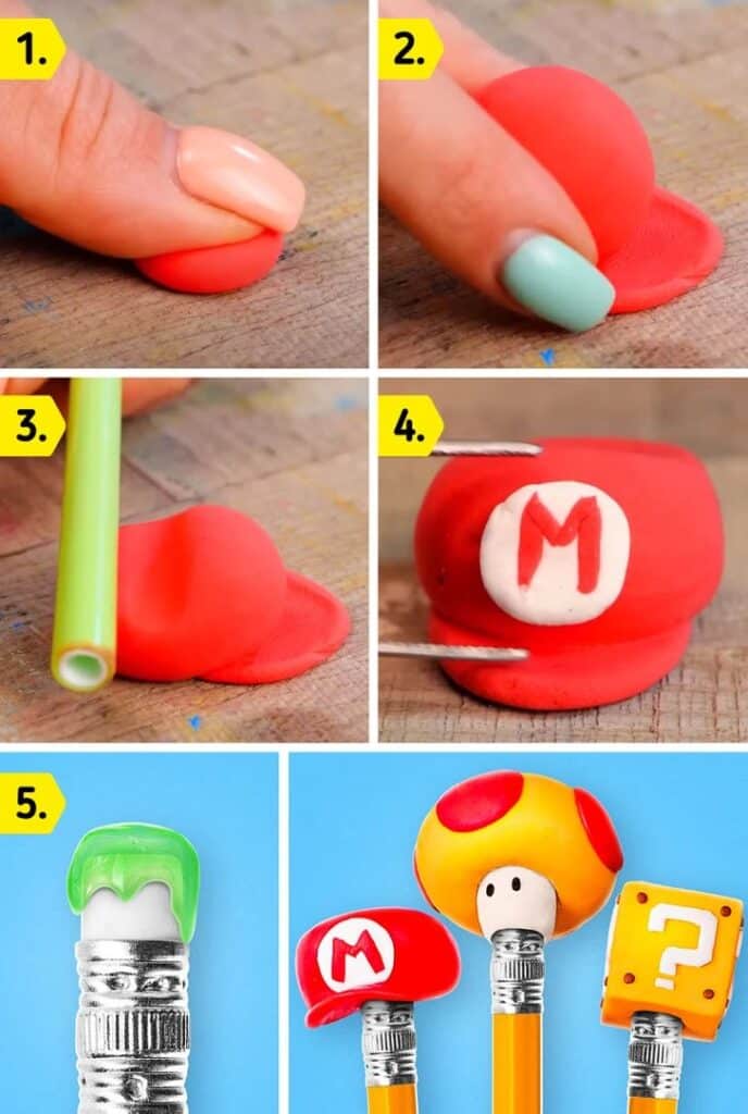 Step-by-step guide to making clay pencil toppers shaped like popular video game characters' hats and blocks.