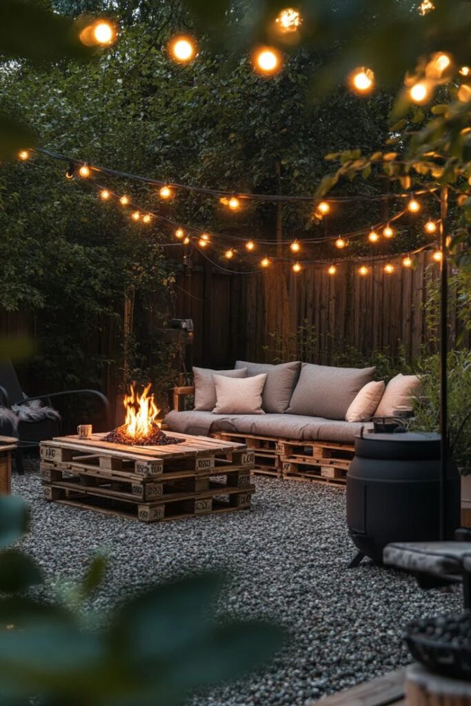 Cozy backyard with pallet furniture, string lights, and a fire pit, creating a warm and inviting outdoor space.