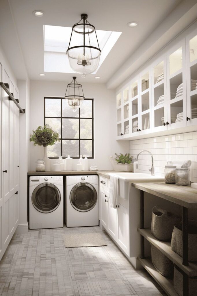 Modern laundry room with washer, dryer, natural light, and organized shelving. Stylish, functional home design.