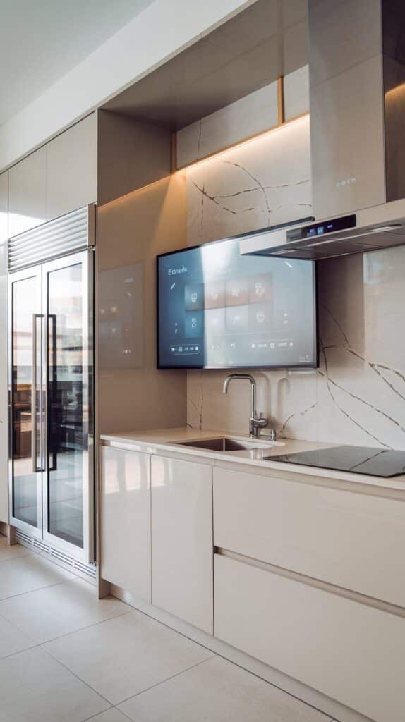 Modern kitchen with smart appliances, sleek cabinetry, and integrated digital screen above sink area.