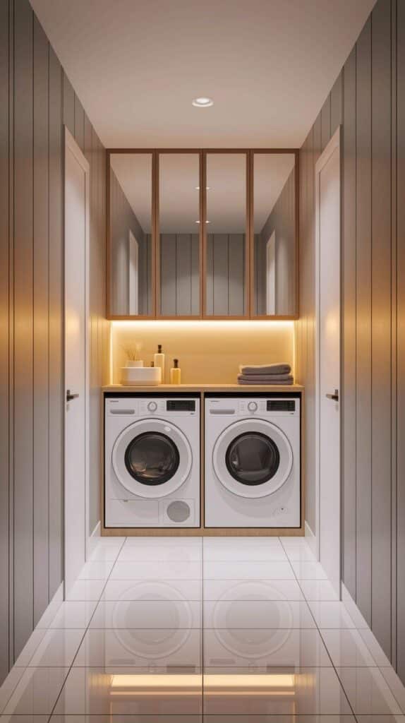 Modern laundry room with washer and dryer, sleek cabinetry, and warm lighting.
