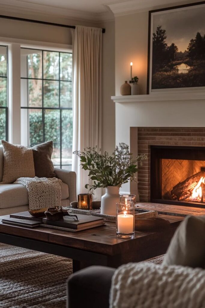 Cozy living room with a lit fireplace, candles, and neutral decor. Warm, inviting ambiance perfect for relaxation.