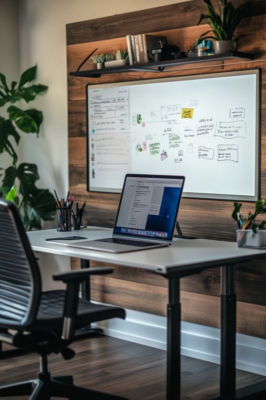 Modern office with a laptop on a desk, whiteboard notes, and plants for a productive workspace.