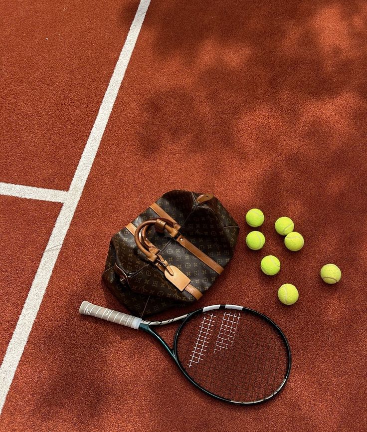 Luxury bag, tennis racket, and balls on a clay court, ready for a stylish game.