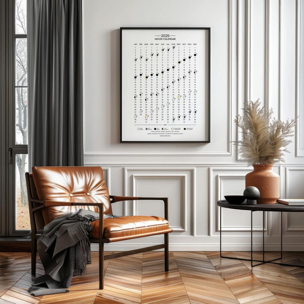 Cozy living room with a leather chair, moon calendar, and elegant decor for a modern touch.