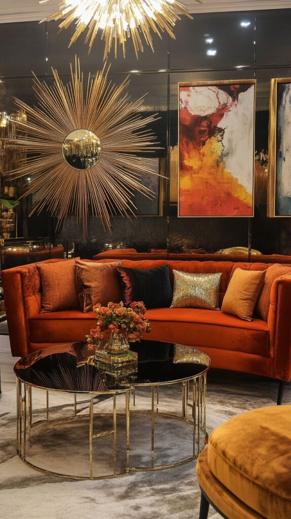 Luxury living room with orange sofa, sunburst mirror, abstract art, and gold accents.
