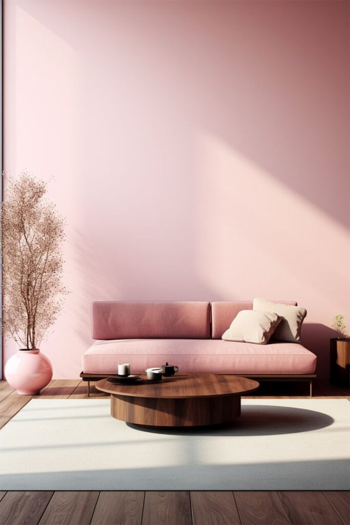 Modern living room with a pink sofa, wooden coffee table, and minimalist decor in soft, natural lighting.
