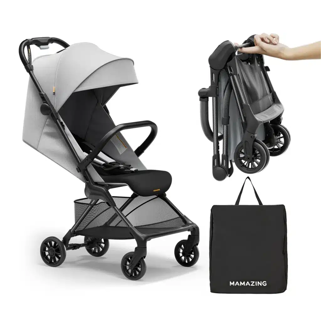 Compact gray stroller with folding design, shown with carry handle and storage bag labeled Mamazing.