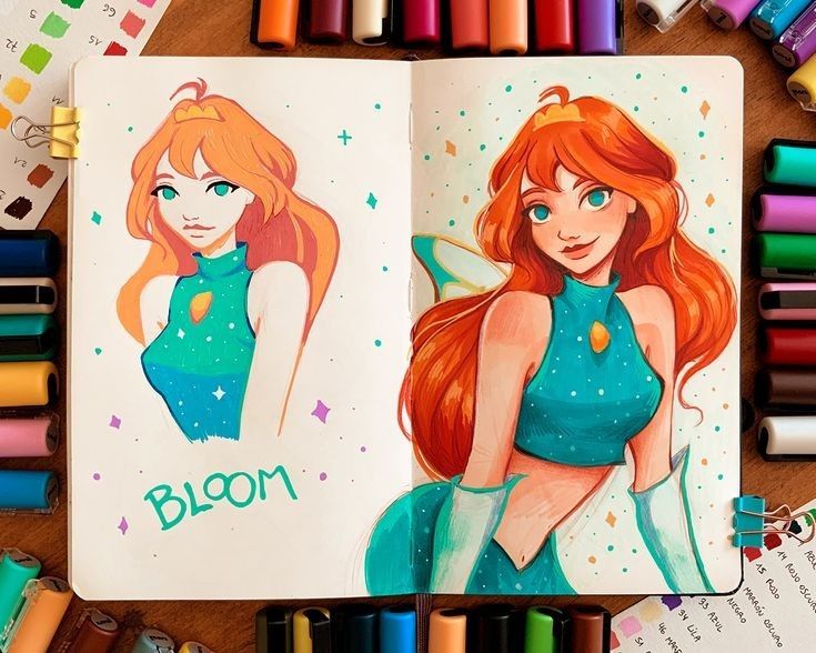 Illustrated sketches of a red-haired fairy in a teal outfit surrounded by colorful markers on a desk.