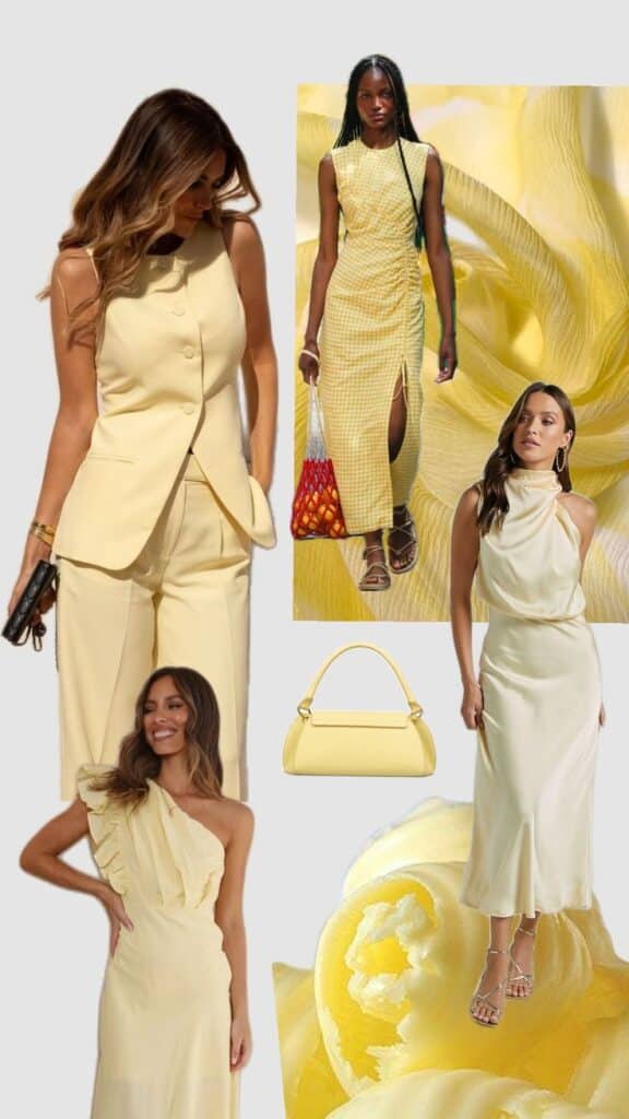 Collage of women in stylish yellow outfits, featuring dresses, suits, and accessories against a floral backdrop.
