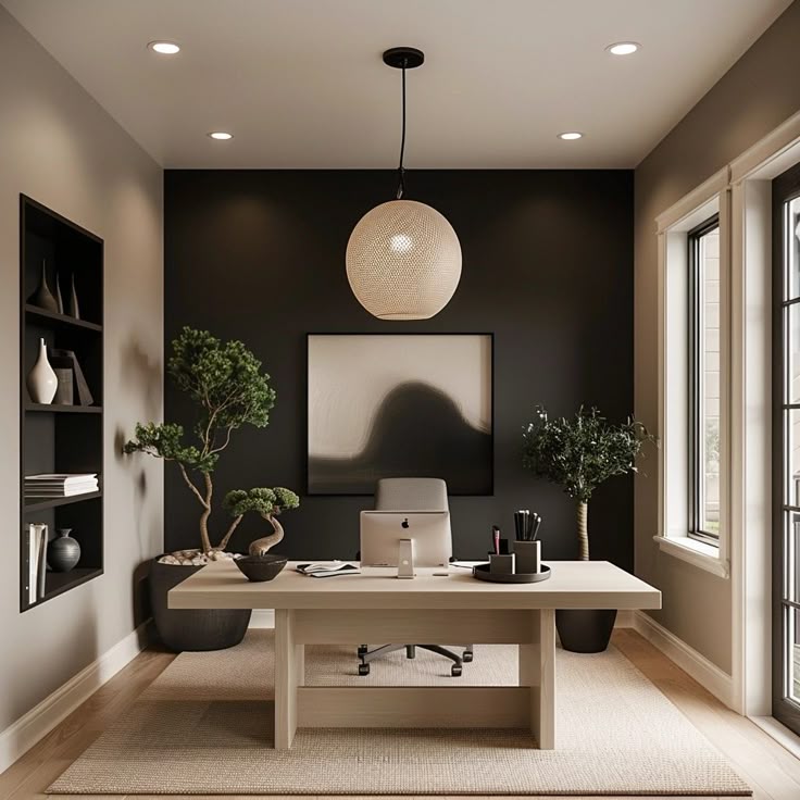 Modern home office with minimalist decor, desk, laptop, plants, and a stylish pendant light fixture.