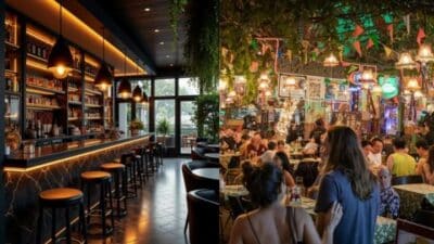 Modern bar counter with stools and a lively, colorful restaurant ambiance with patrons dining under decorative lights.