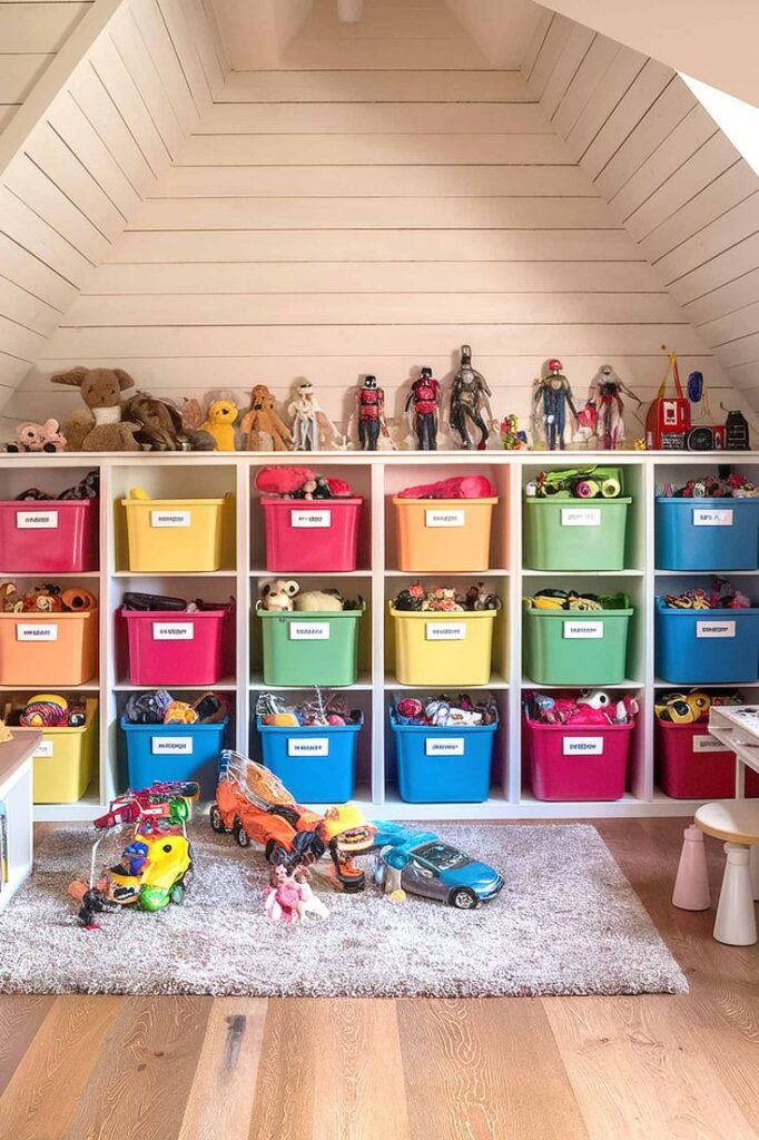 Colorful toy storage bins in a children's playroom with organized shelves and action figures on display.