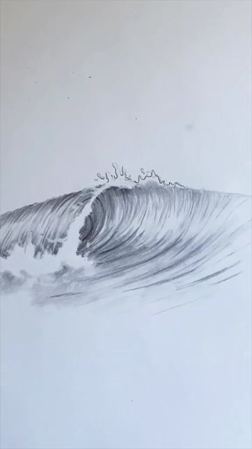 Pencil sketch of a curling ocean wave, minimalist monochrome surf art and coastal seascape illustration.