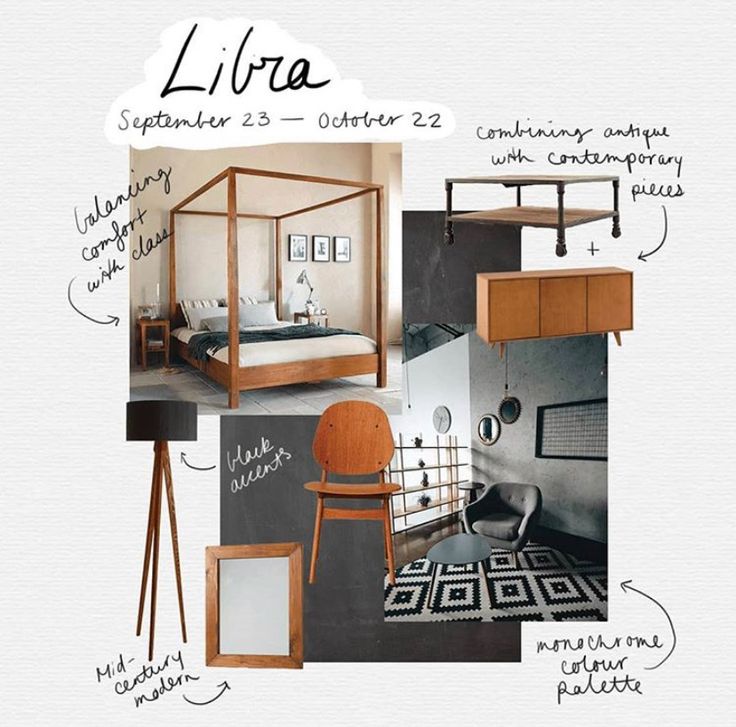 Libra-themed interior design mood board with mid-century modern furniture and monochrome accents.