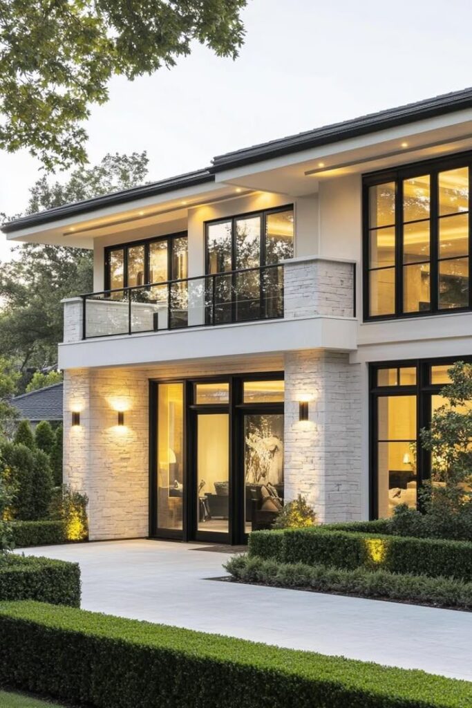 Modern two-story house with large windows, exterior lighting, and landscaped garden, elegant home architecture.