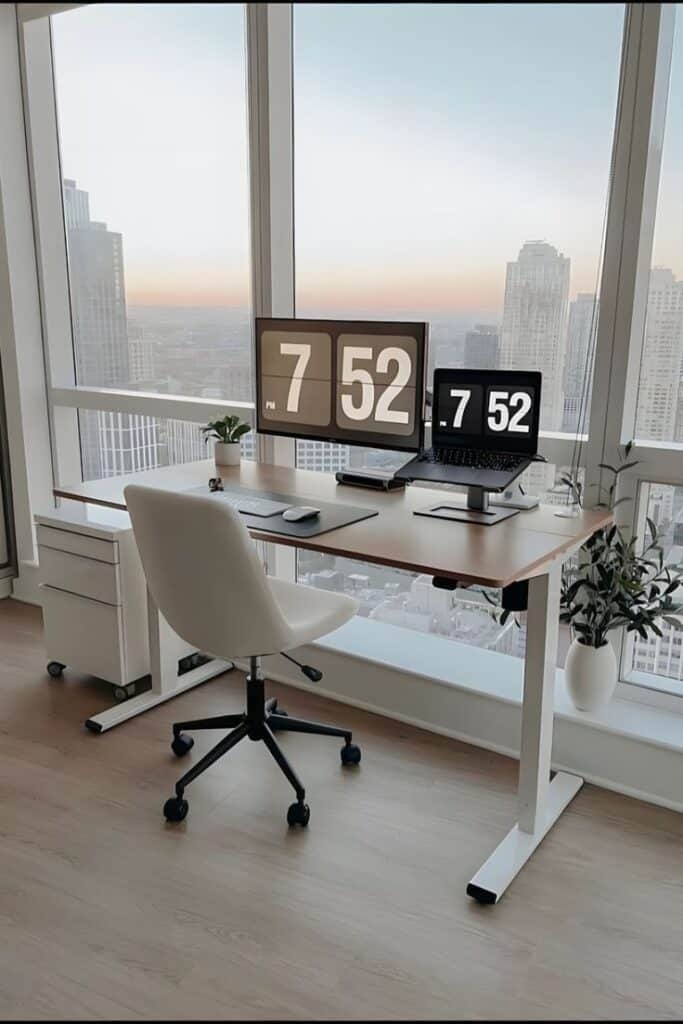 Modern office desk with laptop and monitor in city-view high-rise, featuring ergonomic chair and plants.