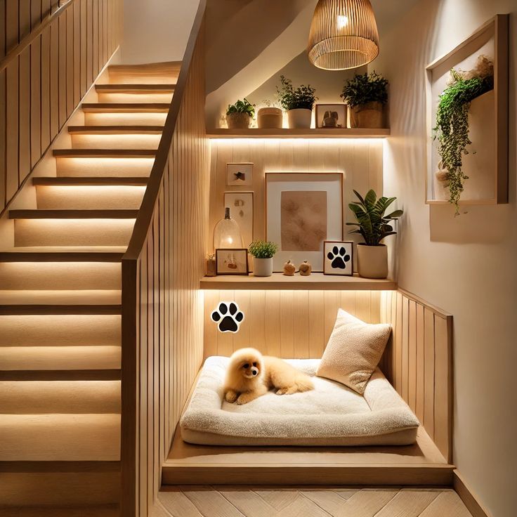 Cozy dog nook under stairs with warm lighting, plants, and a fluffy dog lounging on a soft pillow.