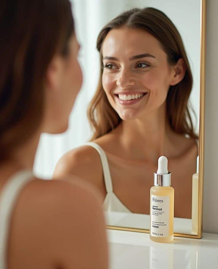 Smiling woman looking in mirror with retinol serum on counter, reflecting youthful skincare and beauty routine.
