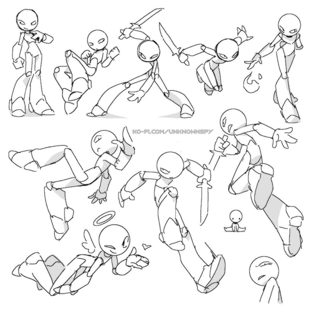 Dynamic pose sketches of humanoid figures with swords and angel-themed characters by UnknownSpy.