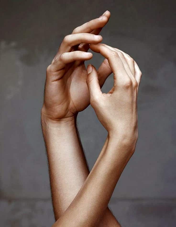 Two intertwined hands with graceful fingers against a neutral background, symbolizing connection and elegance.