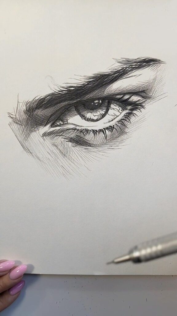 12d66e179e47307239de228bdcef28c0 Pencil drawing of a detailed eye with shading, held by a hand with pink nails and a pen in the foreground. | Sky Rye Design Pencil drawing of a detailed eye with shading, held by a hand with pink nails and a pen in the foreground.
