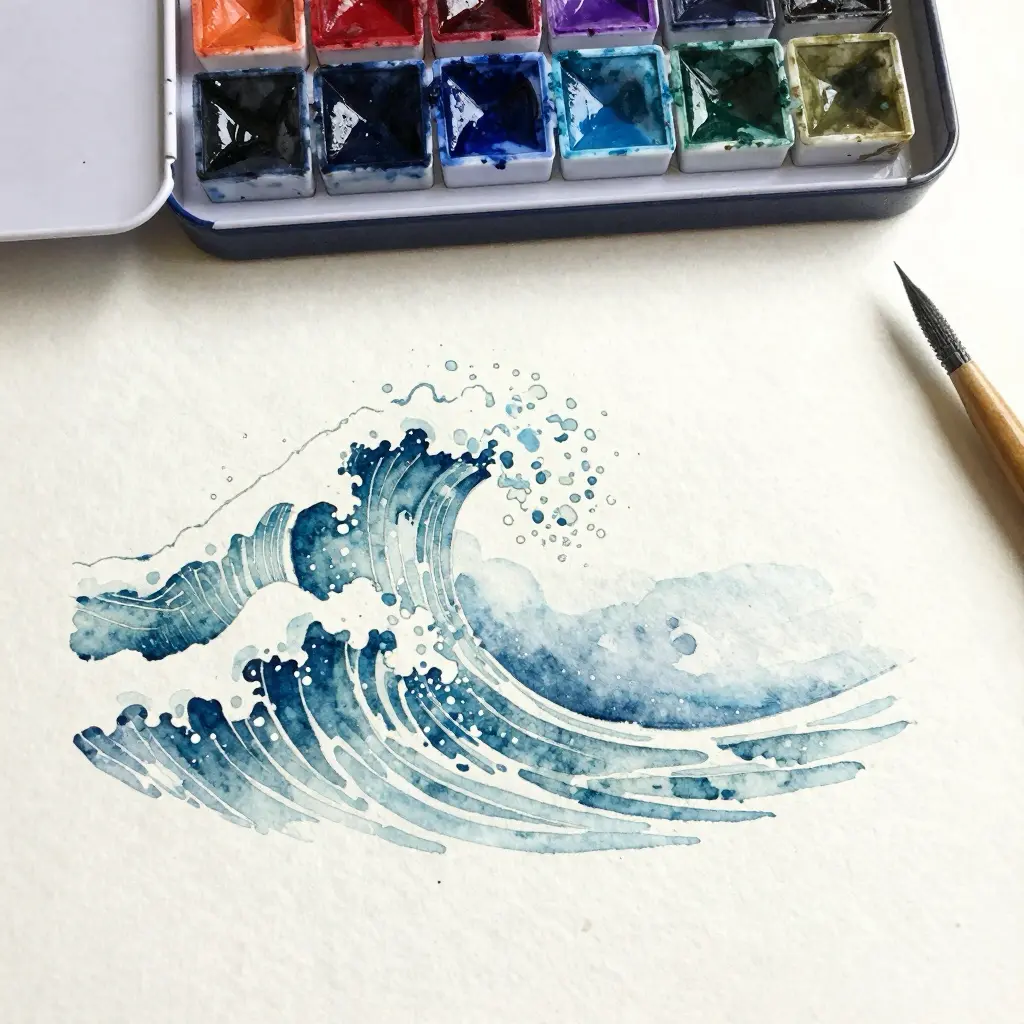 Watercolor wave painting in shades of blue, open watercolor palette and brush on textured paper