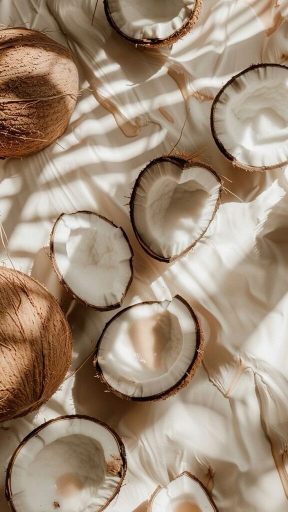 Whole and halved coconuts on a textured surface with shadows, capturing a tropical, natural vibe.