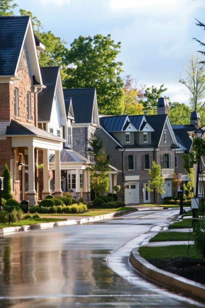 138e4bc6-0594-4c0a-916d-1cccaf9024e7 Charming suburban street with stylish houses, lush greenery, and wet pavement reflecting sunlight. | Sky Rye Design Charming suburban street with stylish houses, lush greenery, and wet pavement reflecting sunlight.