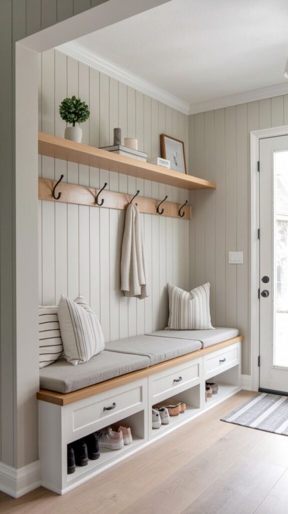 Cozy mudroom with built-in bench, storage, and coat hooks. Bright entryway with striped cushions and organized shoe storage.