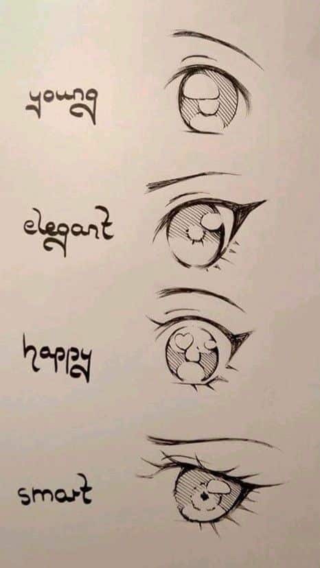 Sketch of four different anime eye styles labeled: young, elegant, happy, and smart on a white background.
