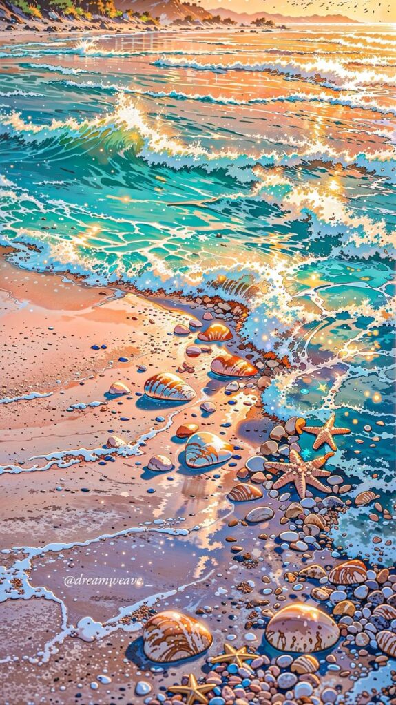 Colorful ocean waves on sandy beach with seashells and starfish at sunset, creating a serene coastal scene.