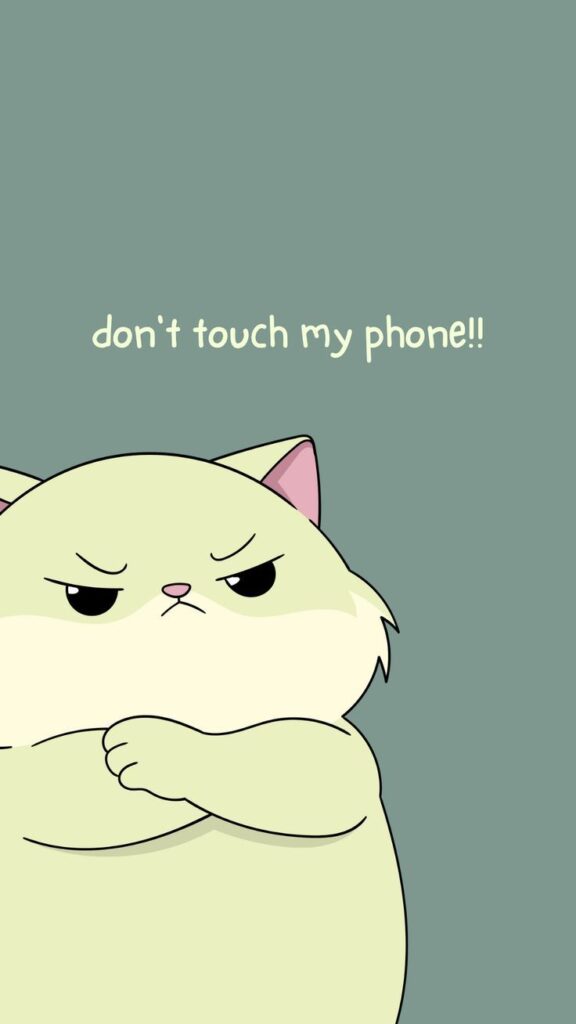 _ 15 Grumpy cartoon cat with folded arms and don't touch my phone!! text on green background. | Sky Rye Design Grumpy cartoon cat with folded arms and don't touch my phone!! text on green background.