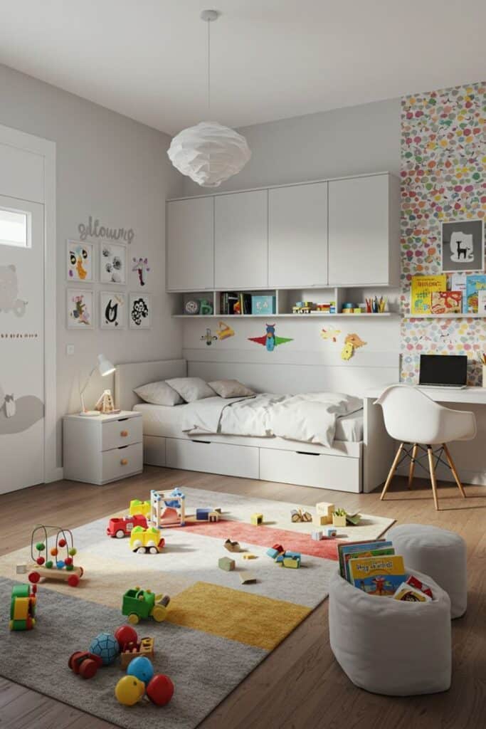 _ 15 Modern children's bedroom with colorful toys, bed, desk, and vibrant decor. Cozy and playful space. | Sky Rye Design Modern children's bedroom with colorful toys, bed, desk, and vibrant decor. Cozy and playful space.
