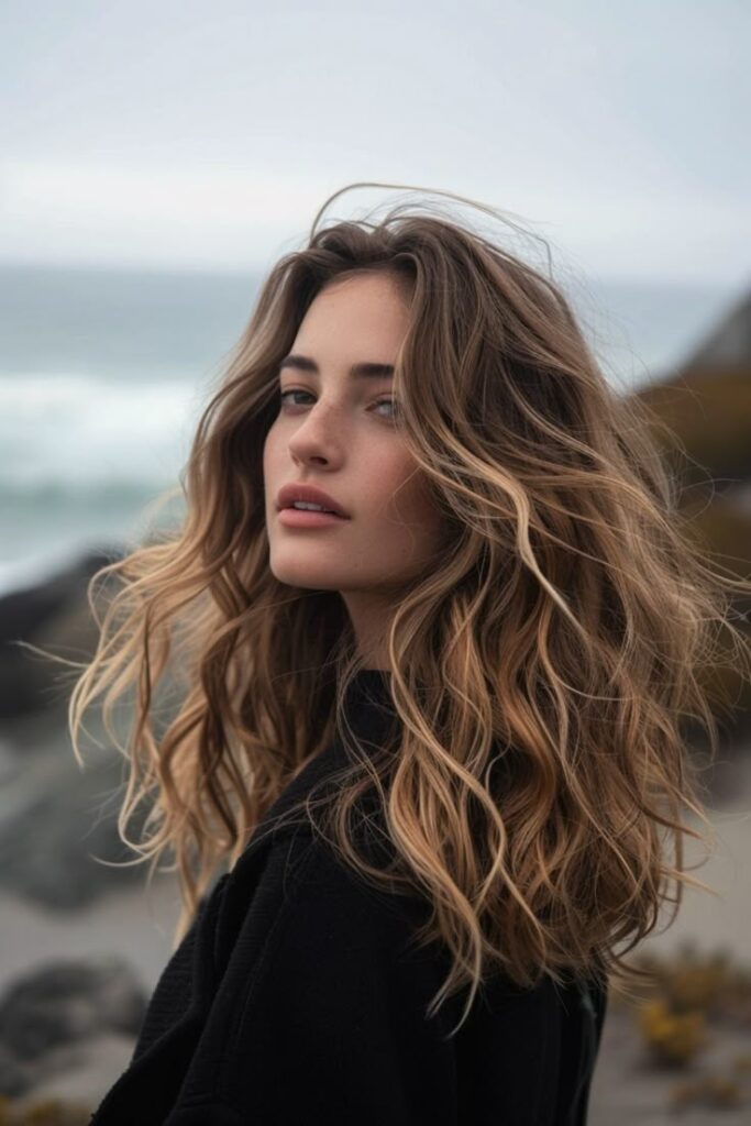 Woman with wavy hair poses by the beach, capturing a serene coastal moment.