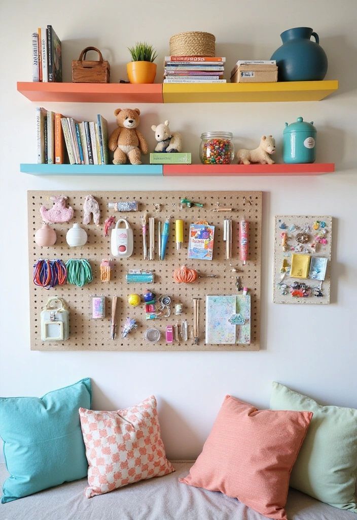 Colorful shelves and pegboard with books, toys, and craft supplies above a cozy sofa with pastel cushions.