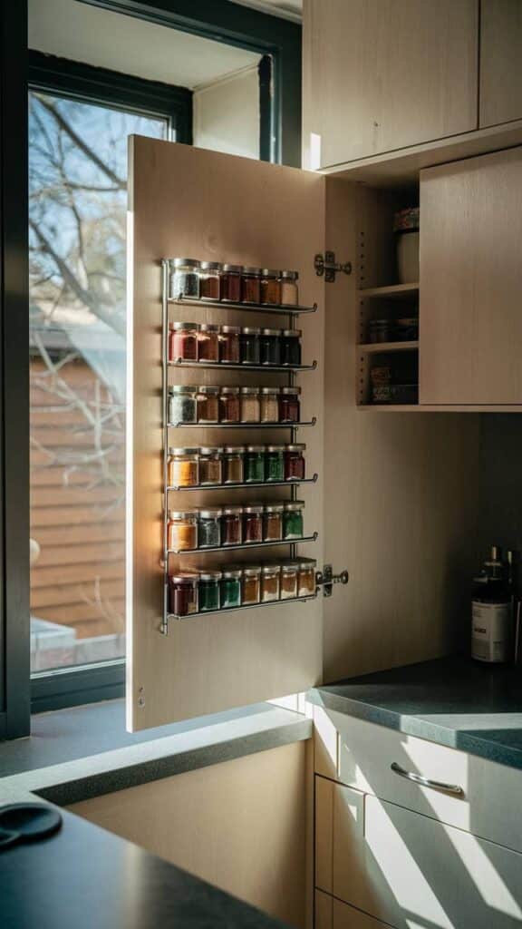 Spice rack mounted inside a kitchen cabinet door, with sunlight streaming through the window.