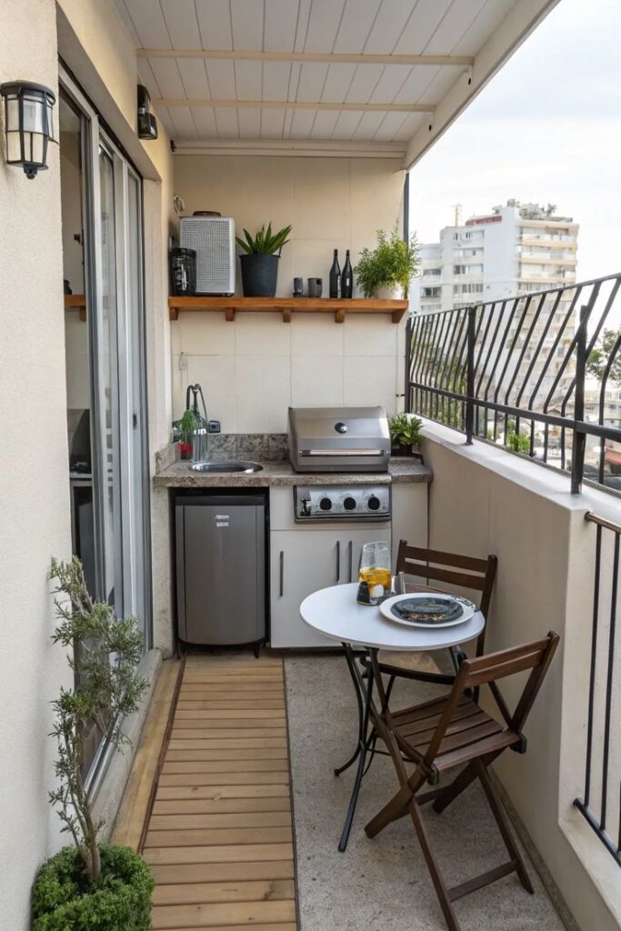 Cozy balcony with grill, small fridge, plants, and a dining set overlooking city views. Perfect for outdoor cooking.