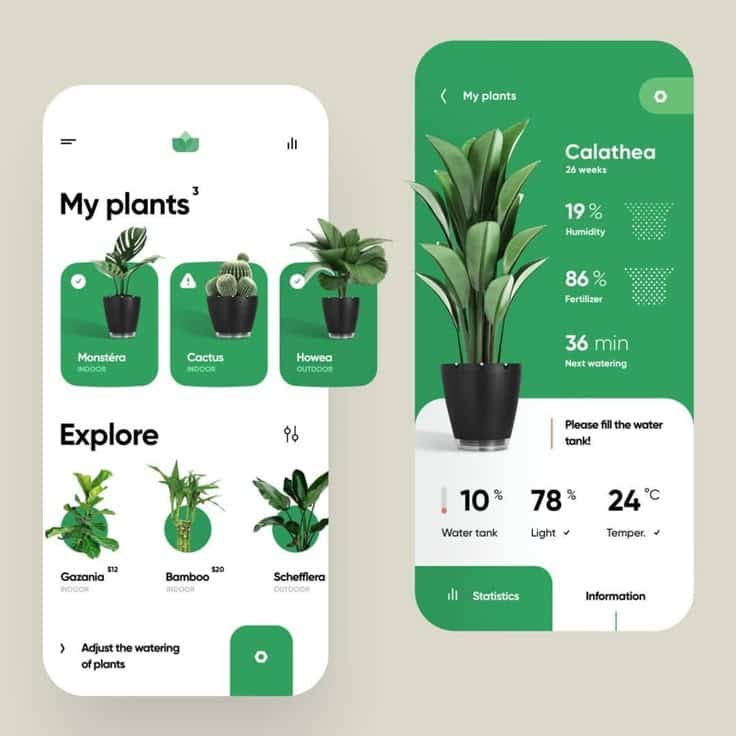 1546492a-4e6c-4567-8fc7-a4cf45eedcd4 Plant care mobile app interface showing plant stats, watering schedule, and indoor plant options like Monstera and Cactus. | Sky Rye Design Plant care mobile app interface showing plant stats, watering schedule, and indoor plant options like Monstera and Cactus.