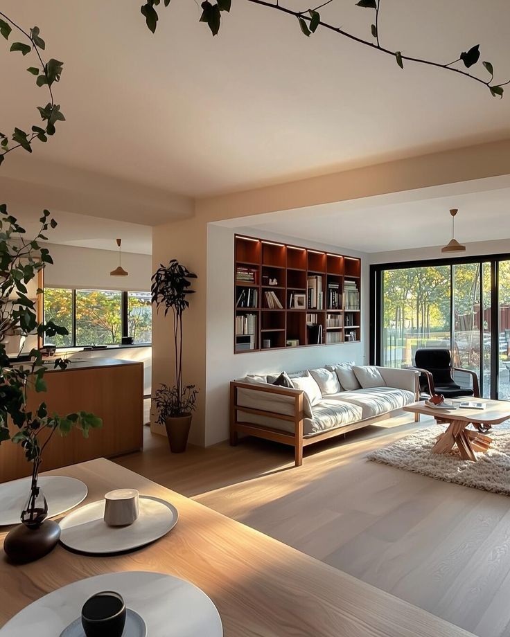 157d2fe0-74ce-4225-8c04-e2df34415b42 Modern living room with natural light, cozy sofa, wooden shelves, and large window overlooking trees. Minimalist decor. | Sky Rye Design Modern living room with natural light, cozy sofa, wooden shelves, and large window overlooking trees. Minimalist decor.
