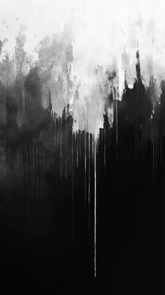 Abstract black and white painting with dripping textures and gradient transitions.