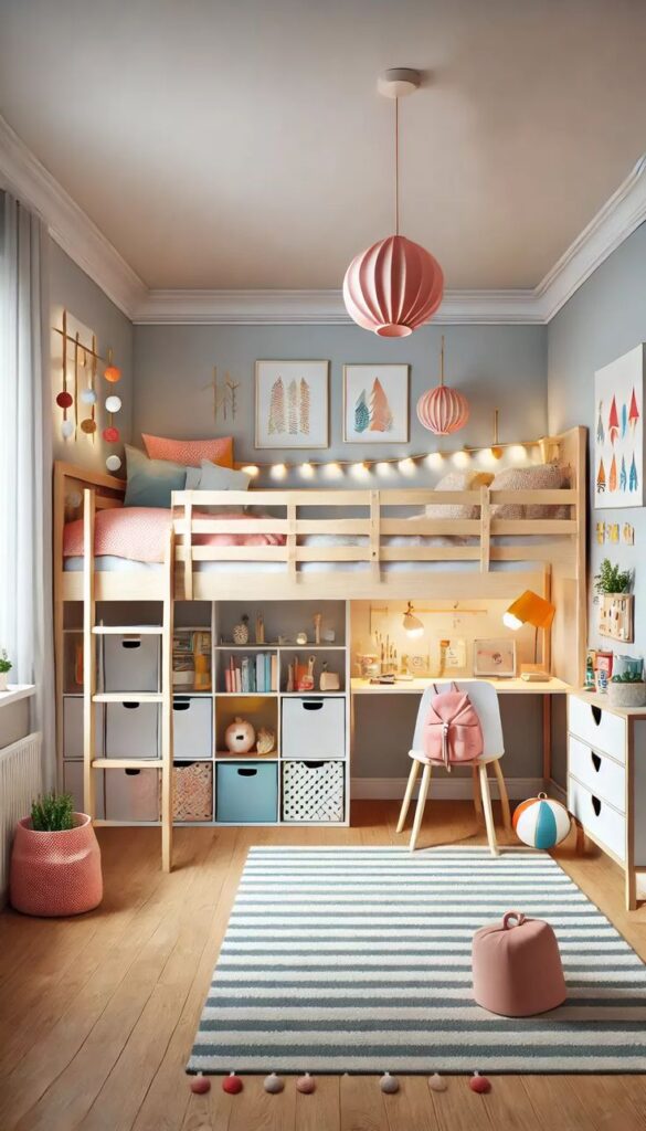 Cozy kids' room with loft bed, study area, and storage. Colorful decor and soft lighting create a playful, inviting space.