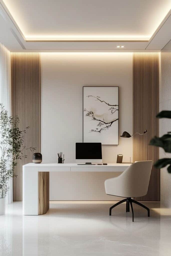 Minimalist home office with modern white desk, chair, computer, and abstract wall art, illuminated by ambient lighting.