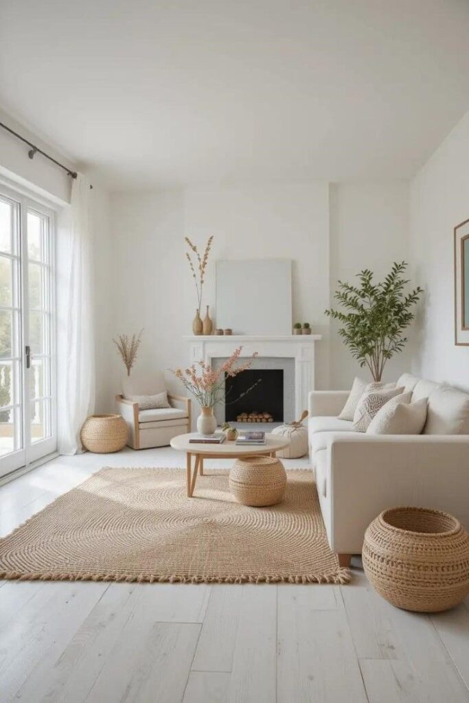 Bright modern living room with neutral decor, featuring a cozy sofa, coffee table, and large windows filtering natural light. Living Room Interior