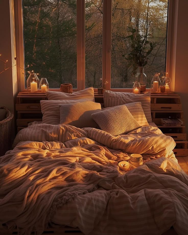 Cozy bedroom with soft pillows and blankets by a window, lit by warm sunset and candlelight for a relaxing ambiance.