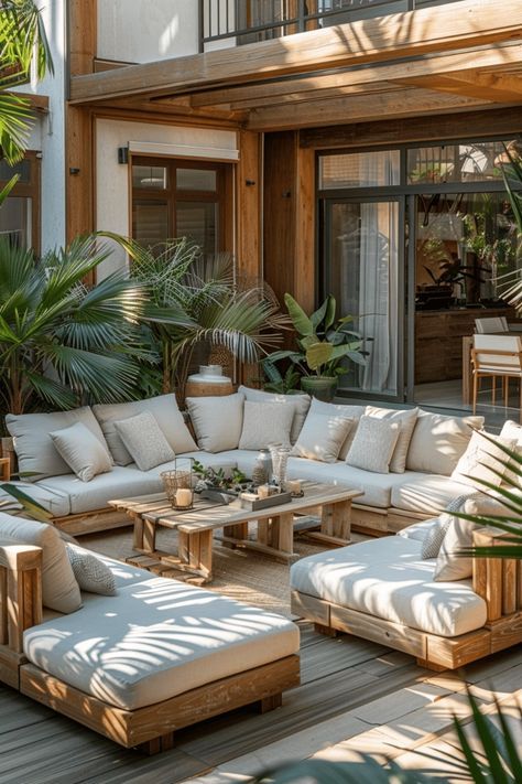 Outdoor patio with cozy seating, wooden furniture, and lush plants in a modern design. Perfect for relaxation and gatherings.